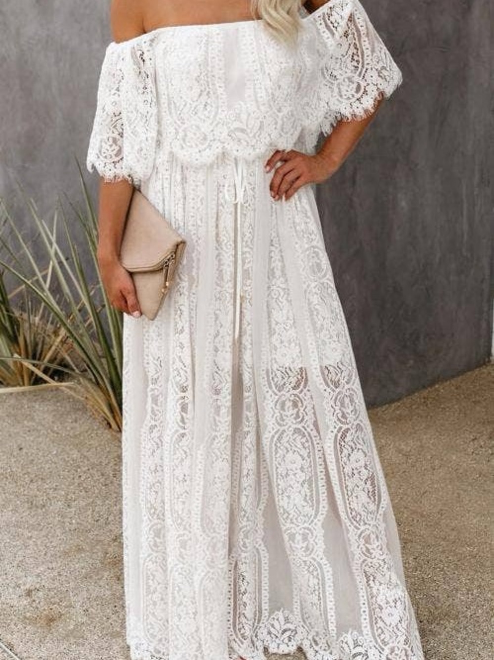 SHEIN White Off-Shoulder Lace Maxi Dress